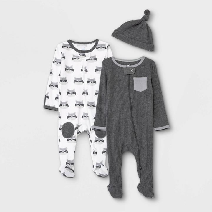 Baby Girls' 2pk Raccoon Sleep N' Play With Hat - Cloud Island Dark Gray Newborn