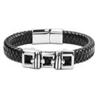 Men's Crucible Stainless Steel And Black Woven Leather Id Bracelet, Black/silver