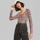 Women's Floral Print Long Sleeve Button Front Peplum Blouse - Wild Fable Black