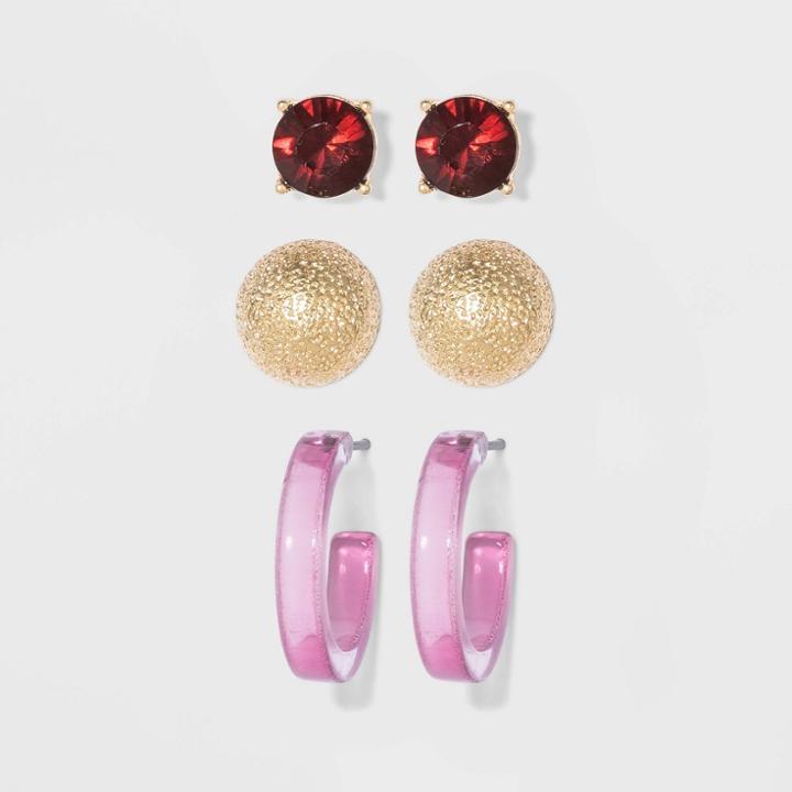 Stone Stud Sandblast Post And Open Hoop Multi Earrings A New Day Burgundy, Women's, Size: