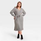 Women's Plus Size Long Sleeve Belted Midi Sweater Dress - Ava & Viv Heather Gray X