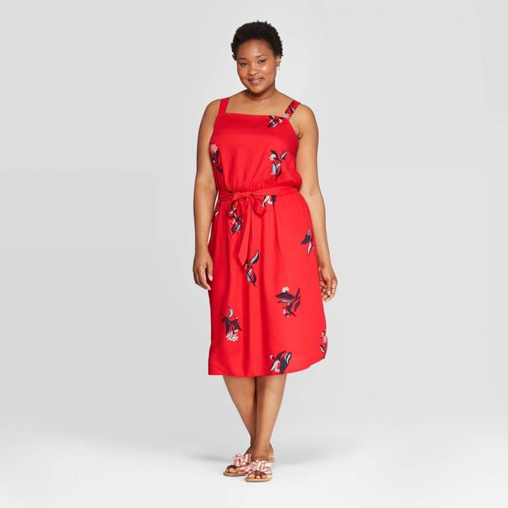 Women's Plus Size Floral Print Square Neck Dress - Ava & Viv Red