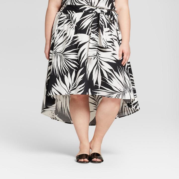 Women's Plus Size Palm Print Tie Front Midi Skirt - Who What Wear Black/white 14w, Black/white Palm Print