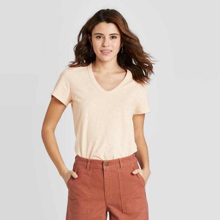 Women's Short Sleeve V-neck T-shirt - Universal Thread Cream S, Women's, Size: