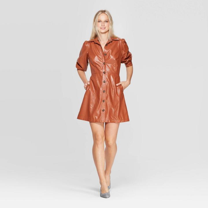 Women's Puff Elbow Sleeve Collared Button-up A Line Mini Dress - Who What Wear Brown