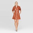 Women's Puff Elbow Sleeve Collared Button-up A Line Mini Dress - Who What Wear Brown