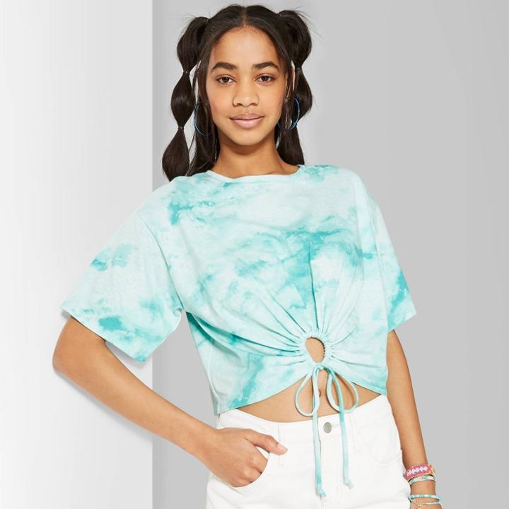Women's Short Sleeve Scoop Neck Cinched Cutout T-shirt - Wild Fable Turquoise