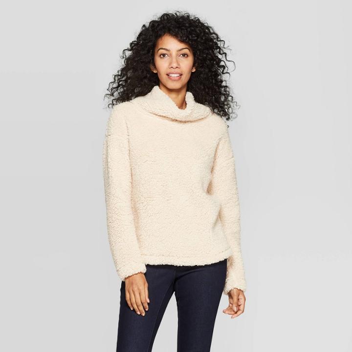 Women's Any Day Long Sleeve Turtleneck Sherpa Pullover - A New Day Cream