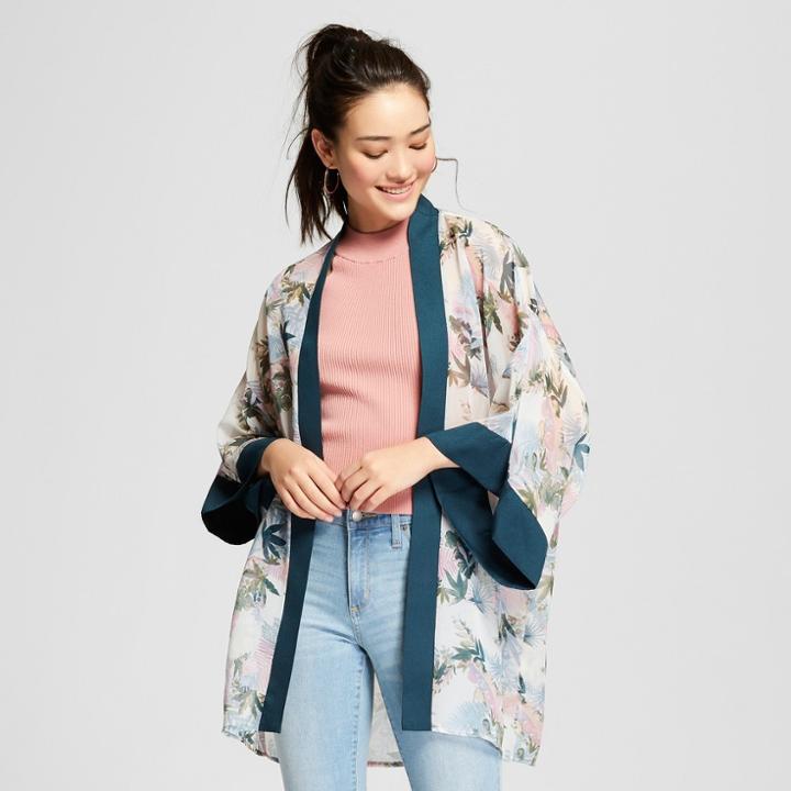 Women's Floral Print Sheer Kimono - Xhilaration Sea Foam