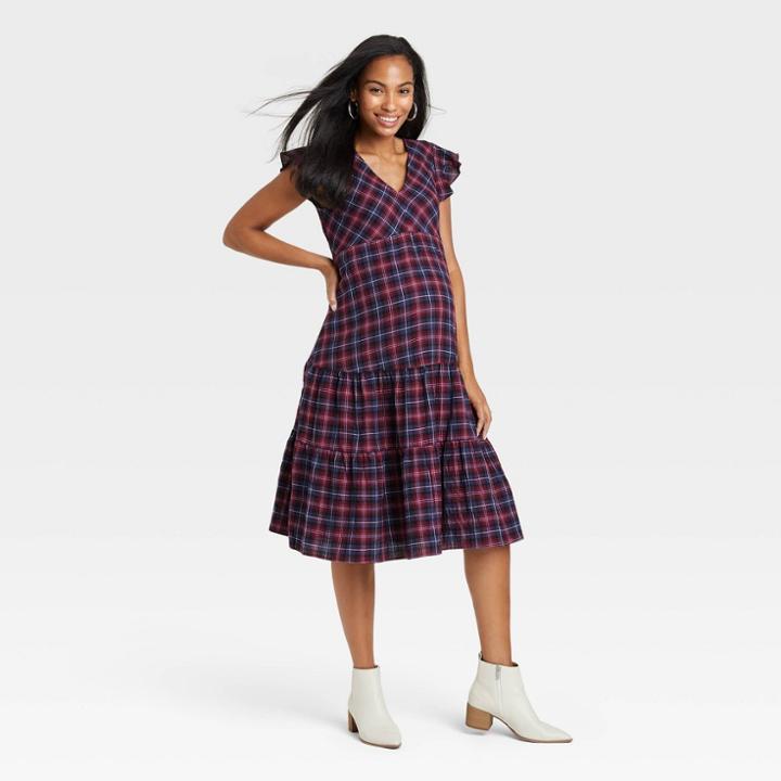 The Nines By Hatch Short Sleeve Tiered Maternity Dress - Berry Purple Plaid