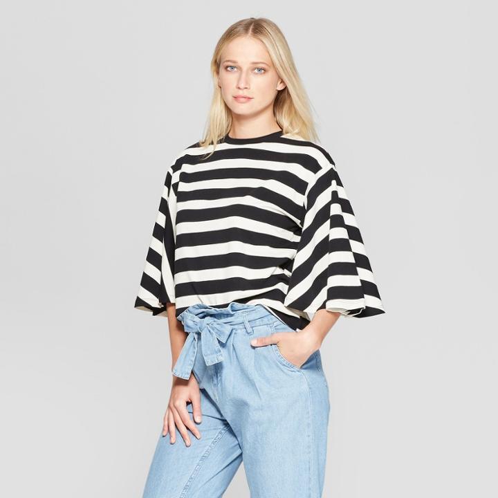Women's Striped Bell Sleeve Crew Neck Top - Who What Wear Black/white