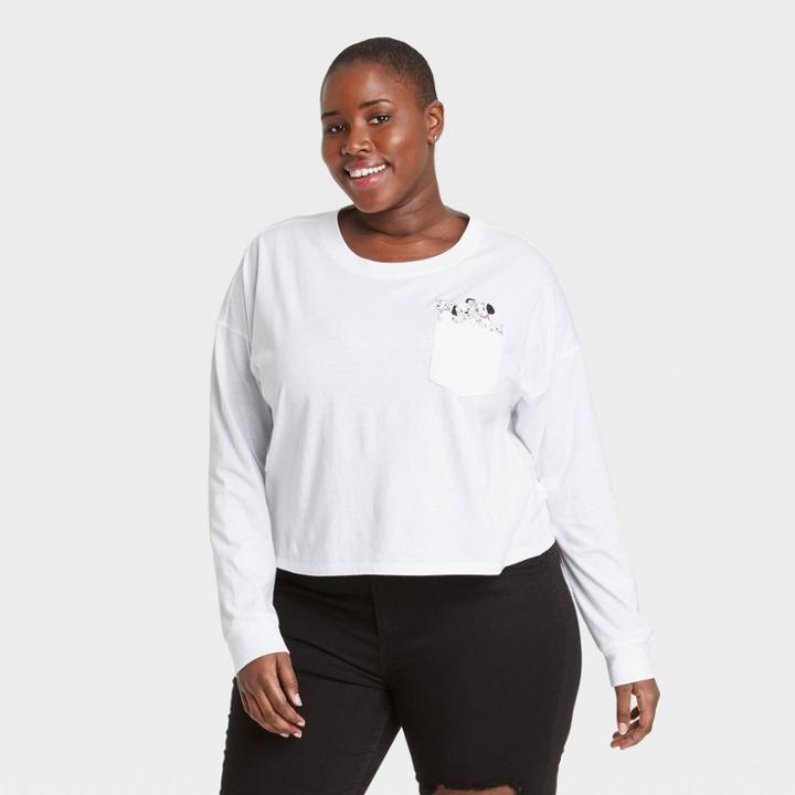 Women's Disney Plus Size 101 Dalmatians Pocket Long Sleeve Graphic T-shirt - White