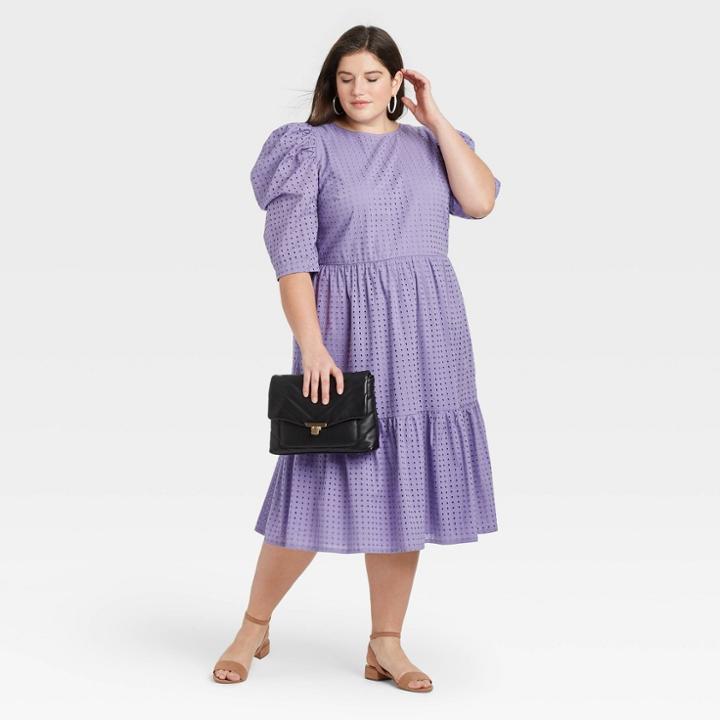Women's Plus Size Elbow Sleeve Eyelet Dress - A New Day Light Purple