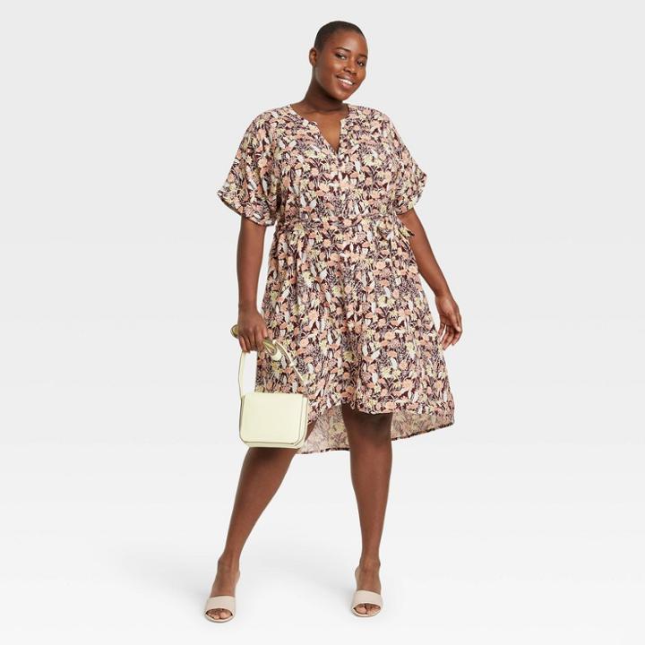 Women's Plus Size Short Sleeve Floral Print Shirtdress - Ava & Viv Burgundy X, Red