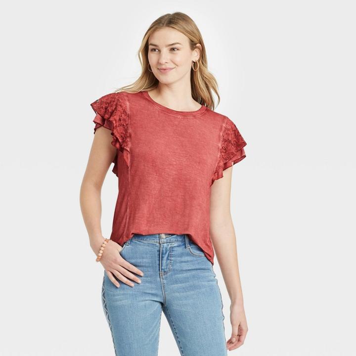 Women's Short Sleeve Lace Detail T-shirt - Knox Rose Red