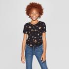 Girls' Ruched Floral Short Sleeve Print T-shirt - Art Class Black
