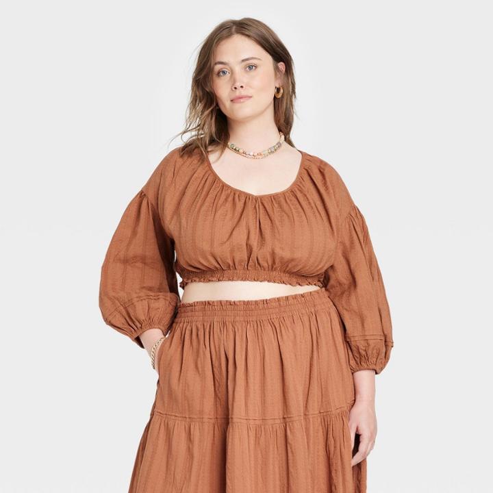 Women's Plus Size Long Sleeve Crop Top - Universal Thread Rust