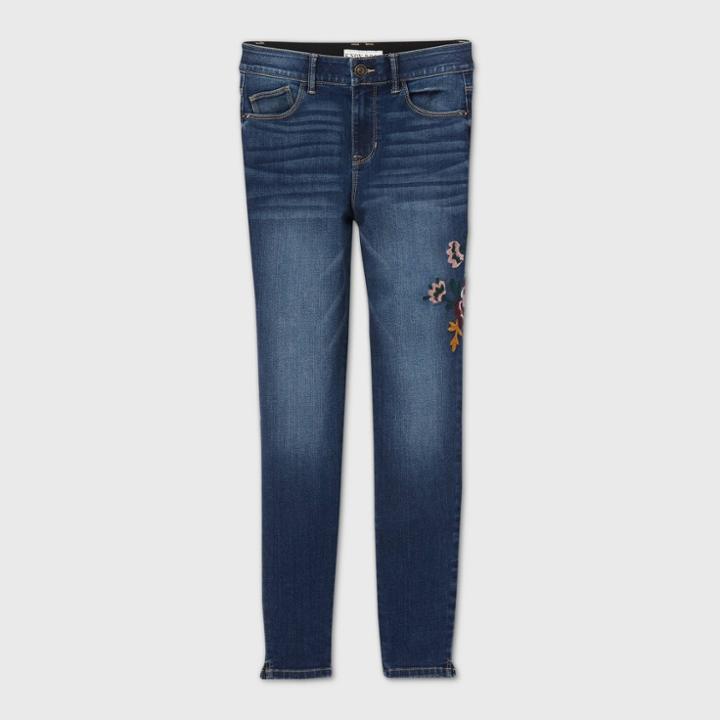Women's Floral Embroidered Mid-rise Skinny Denim Pants - Knox Rose Blue 2, Blue/blue/pink