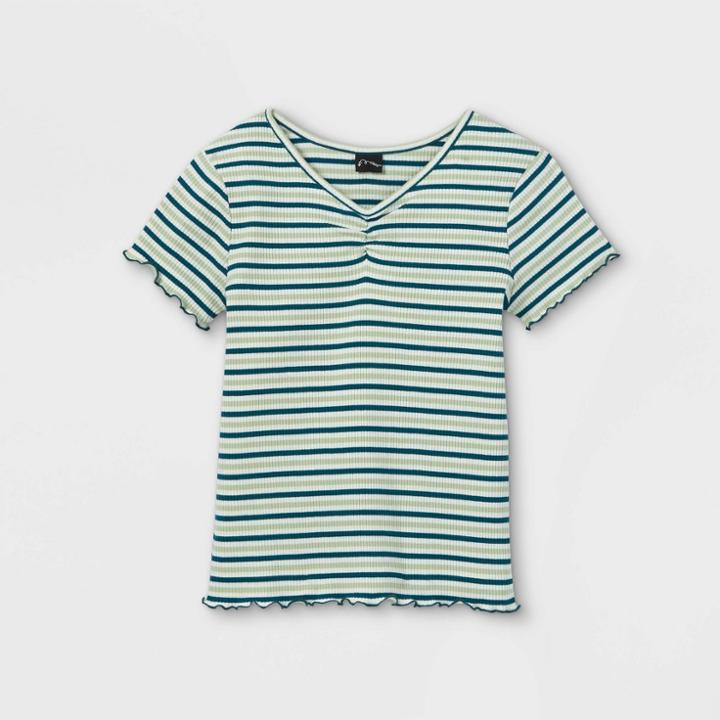 Girls' Cinch Front Lettuce Edge Short Sleeve T-shirt - Art Class Green/teal