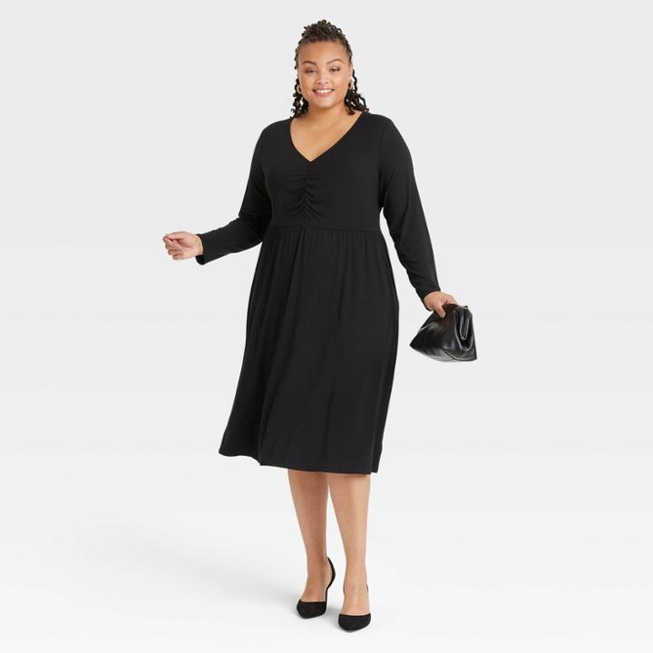 Women's Plus Size Long Sleeve Ruched Bodice Dress - Ava & Viv Black X