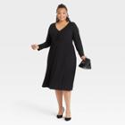 Women's Plus Size Long Sleeve Ruched Bodice Dress - Ava & Viv Black X