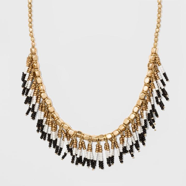 Beaded Fringe Seedbead Necklace - A New Day Gold/black/white