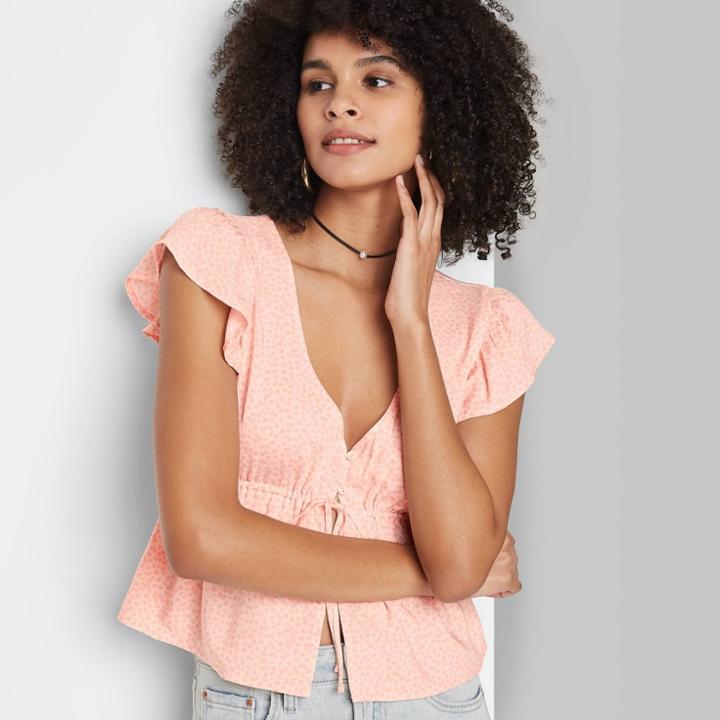 Women's Flutter Sleeve V-neck Tie-front Fly Away Top - Wild Fable Blush Pink Floral