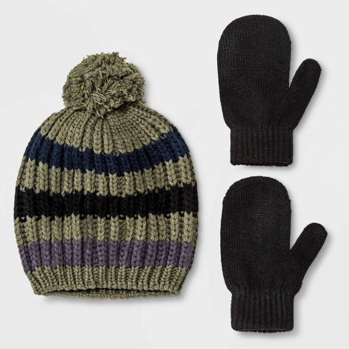 Baby Boys' Striped Knit Pom Beanie And Mittens - Cat & Jack Green