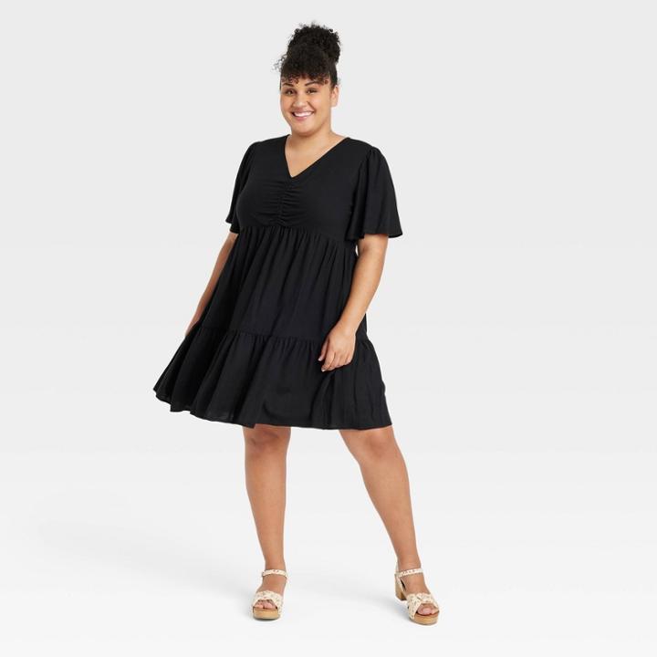 Women's Plus Size Flutter Short Sleeve Dress- Ava & Viv Black X