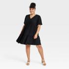 Women's Plus Size Flutter Short Sleeve Dress- Ava & Viv Black X