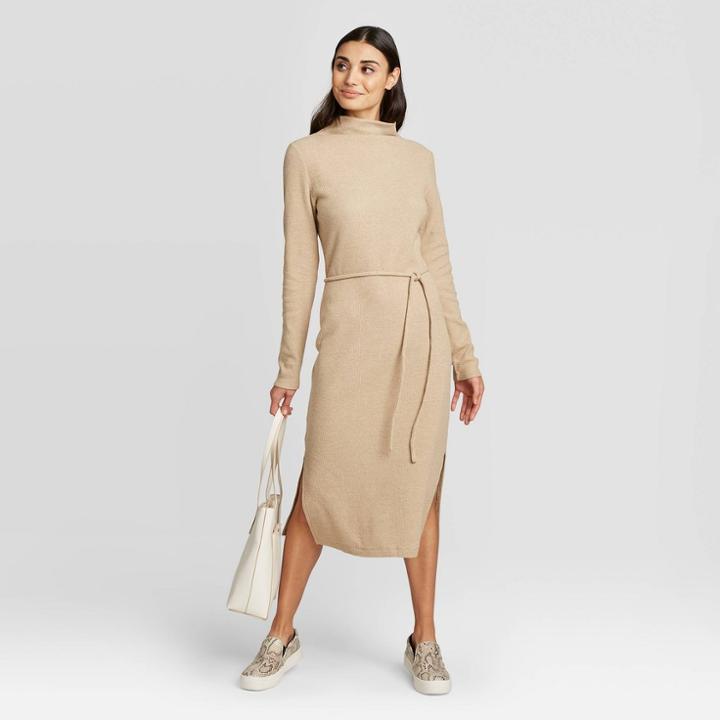 Women's Long Sleeve Mock Turtleneck Belted Knit Midi Dress - A New Day Brown M, Women's,