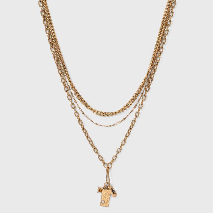 Semi-precious Stone And Rectangular Charm Layered Chain Necklace - Universal Thread Gold