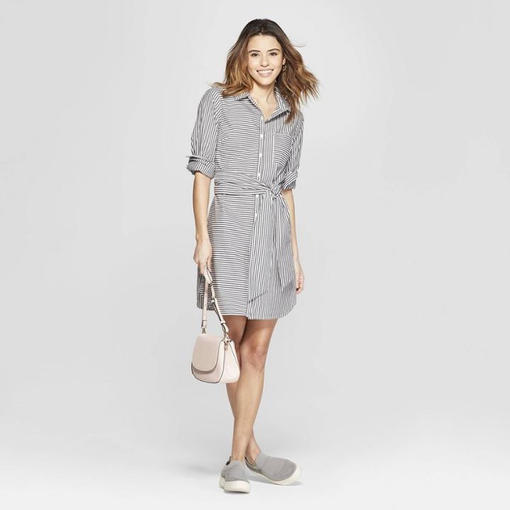 Women's Striped Long Sleeve Menswear Shirtdress - A New Day Gray/white