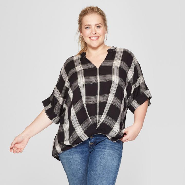Women's Plus Size Plaid Wrap Front Blouse - Universal Thread Black X
