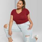 Women's Plus Size Short Sleeve V-neck Cropped T-shirt - Wild Fable Berry Maroon 1x, Women's, Size:
