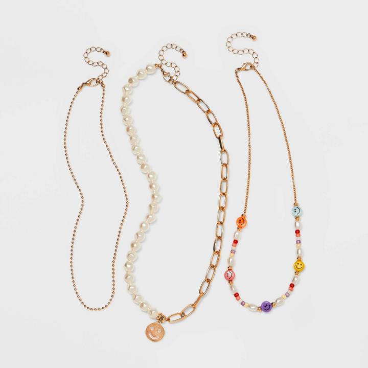 Girls' 3pk Pearl & Smiley Necklace Set - Art Class , White