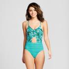 Social Angel Women's Palm/stripe Cut Out One Piece - Palm Green/white