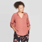 Women's Plus Size Long Sleeve Collared Utility Pocket Shirt - Ava & Viv Cinnamon (red)