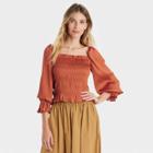Women's Puff Long Sleeve Slim Fit Smocked Top - A New Day Orange