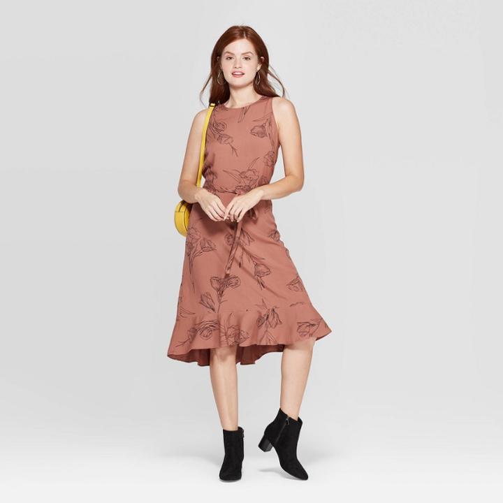Women's Floral Print Casual Fit Sleeveless Crewneck Tie Waist Dress - A New Day Pink S, Women's,