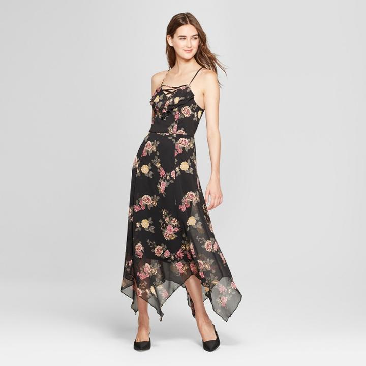 Women's Floral Print Ruffle Lace-up Maxi Dress - Almost Famous (juniors') Black