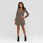 Women's Striped Long Sleeve Wrap Dress - Xhilaration Black/coral