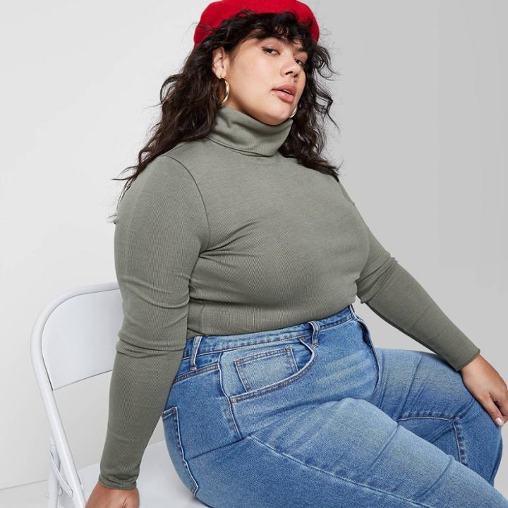 Women's Plus Size Long Sleeve Mock Turtleneck Ribbed Pigment Dyed T-shirt - Wild Fable Olive 1x, Women's, Size: