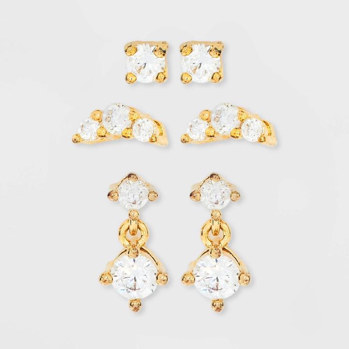 14k Gold Plated Cubic Zirconia Stud And Dangle Drop Earring Set 3pc - A New Day Gold