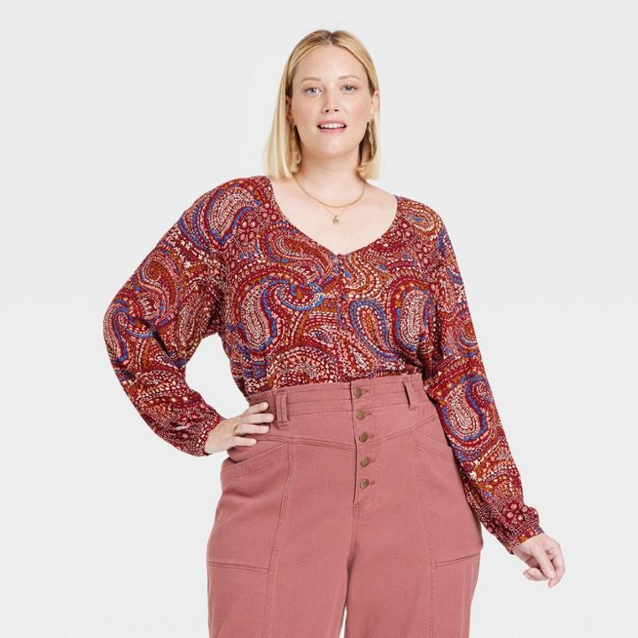 Women's Plus Size Long Sleeve V-neck Tunic Top - Knox Rose Red Paisley