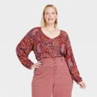 Women's Plus Size Long Sleeve V-neck Tunic Top - Knox Rose Red Paisley