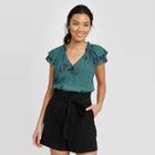 Women's Floral Print Flutter Short Sleeve V-neck Blouse - A New Day Green