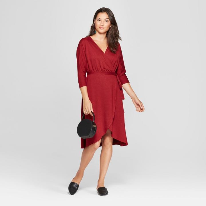 Women's Knit Wrap Midi Dress - A New Day Burgundy (red)