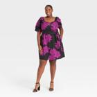 Women's Plus Size Floral Print Balloon Short Sleeve Dress - Who What Wear Black