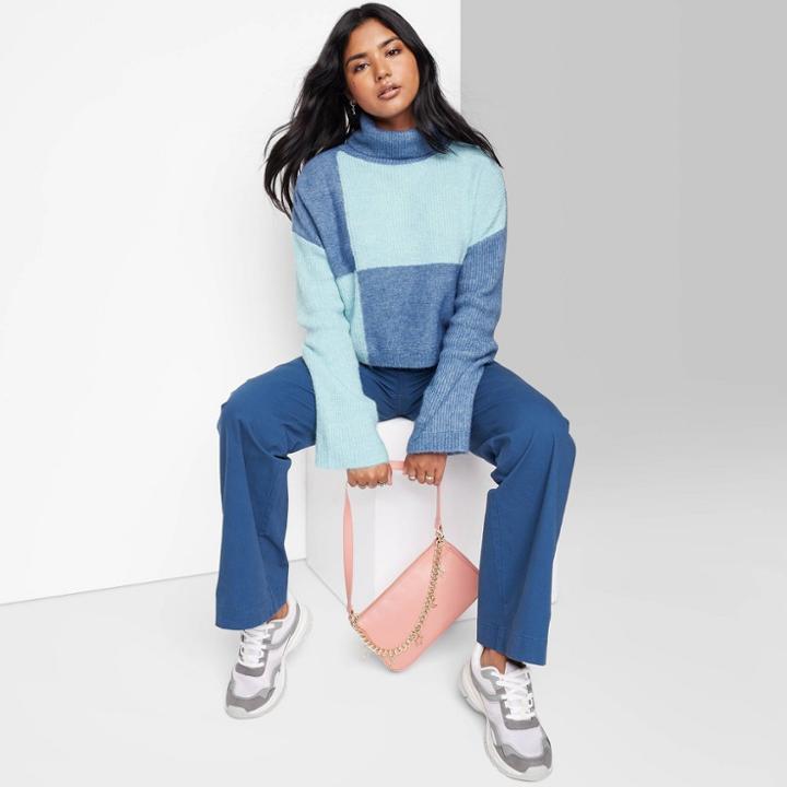 Women's Cropped Turtleneck Pullover Sweater - Wild Fable Blue Colorblock